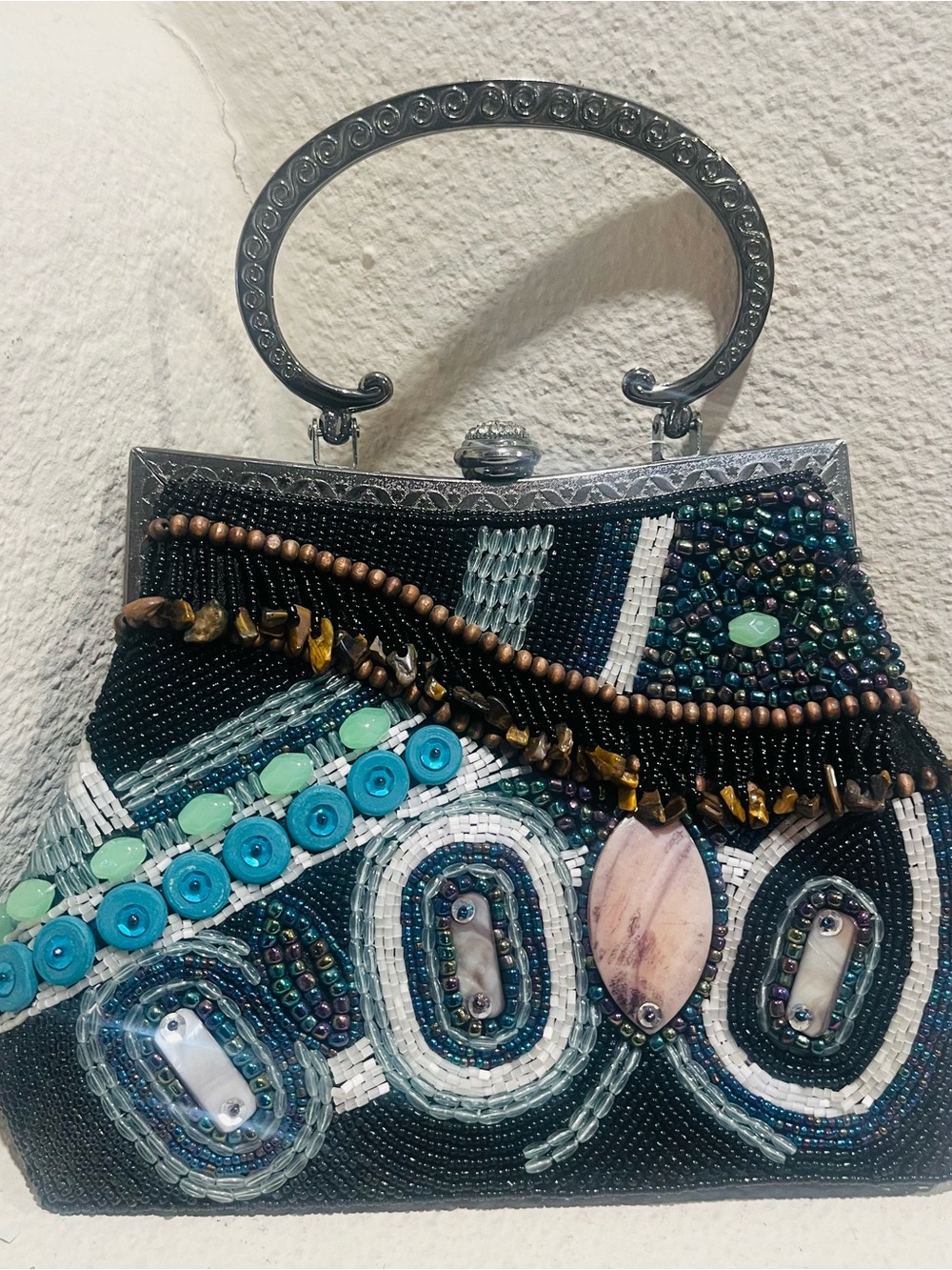 Beaded Black Evening Clutch with Turquoise and Mint Accents